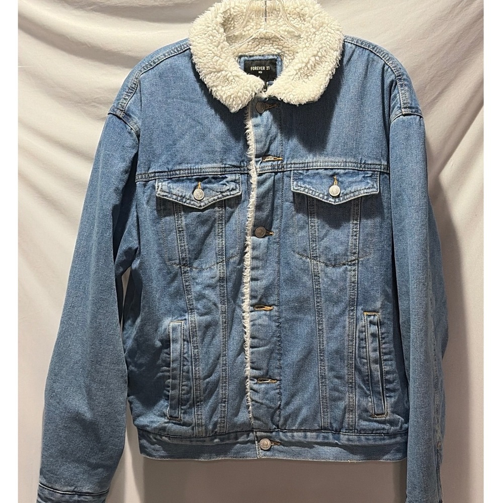 Forever 21 Men Blue Denim Sherpa Lined Trucker Jacket Large Medium Wash